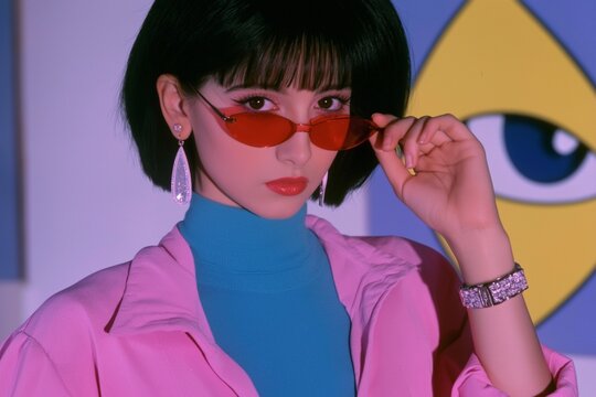 Retro-futuristic pop fashion portrait of a woman lowering red sunglasses in a pink jacket and blue turtleneck beside a bold eye mural, blending 1960s mod and Y2K editorial style.