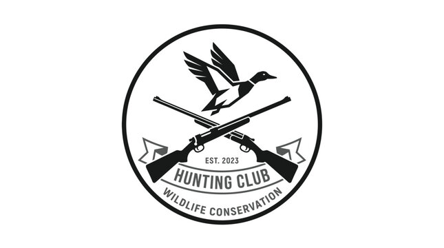 Hunting club emblem featuring a flying duck and crossed shotguns in a vintage circular design for wildlife conservation
