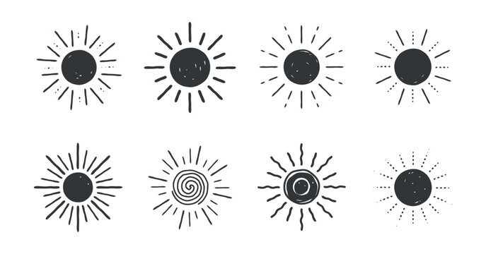 Eight sun illustrations with varying ray styles on a transparent setting