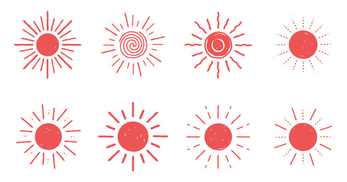 Red sun illustrations with radiating lines and spiral patterns vector style