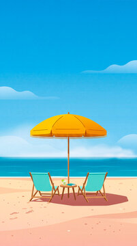 Beach chairs under yellow umbrella. Tropical summer vacation scene at the seaside.