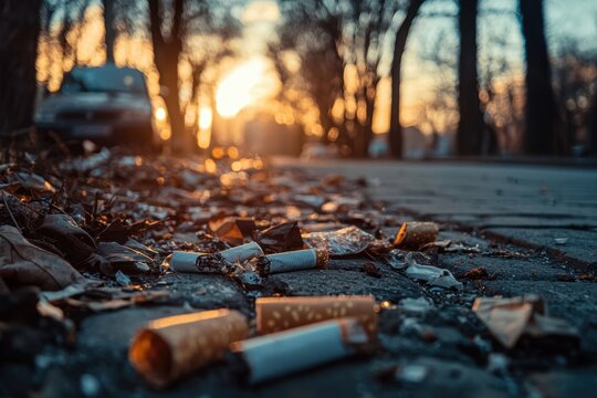 Polluted street with litter and cigarette butts at sunset, environmental waste on urban road