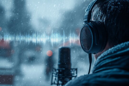 Amidst snowy surroundings, a man in a jacket and headphones records sound with a microphone, overlaid by a digital audio waveform. The image suggests determination, ideal for voice-over, music, or