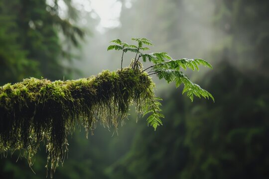 Misty forest moss fern branch tree green fog wilderness nature rainforest