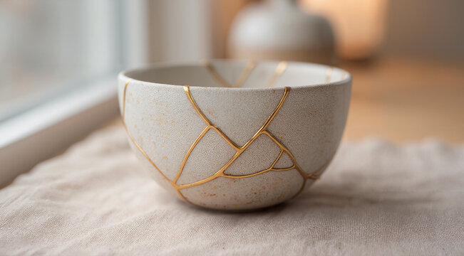 Kintsugi ceramic bowl on linen. Traditional Japanese art of repairing broken pottery with gold.
