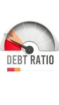 Debt ratio meter showing falling values of debt ratio. Diminishing to minimum, reaching zero, below the norm. Lack of debt ratio. No AI, made by humans for humans.