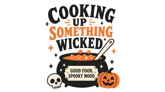 Spooky Halloween Cauldron With Pumpkin And Skull Illustration.