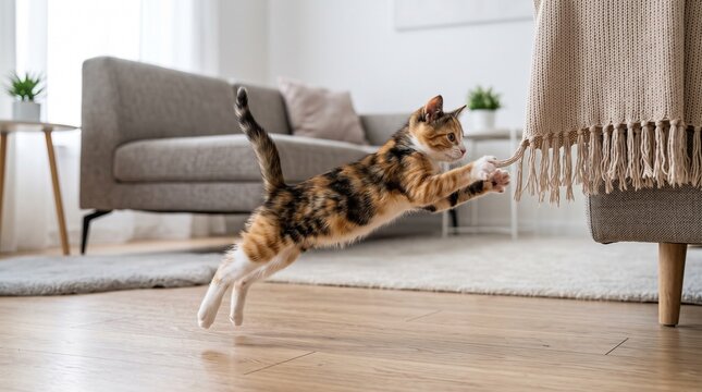 Playful calico kitten leaping to catch the fringe of a throw blanket