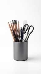 Fototapeta premium A collection of writing and cutting instruments, including pencils, pens, and scissors, are neatly arranged in a gray cylindrical holder, ready for use.