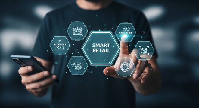 Smart Retail Technology A man holding a smartphone interacts with a futuristic interface displaying Smart Retail and various digital icons representing innovation in the retail sector