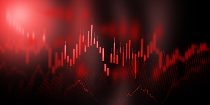 Financial trading stock market bearish trends with glowing red candlestick charts and digital lines in a futuristic trading environment