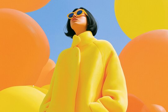 Low-angle fashion portrait of a woman in an oversized yellow coat and orange sunglasses, framed by bold orange and yellow abstract shapes.