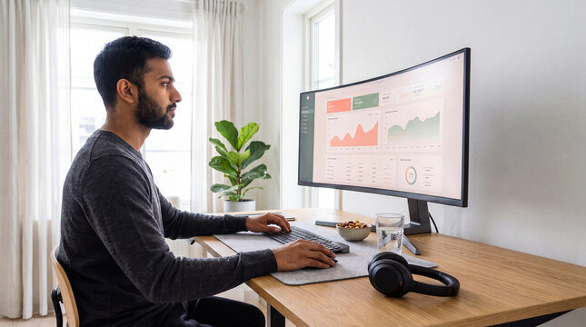 Man working on computer with data charts. Professional analyzing business analytics on screen.