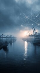 Obraz premium This scene depicts a cutting-edge port with towering cranes, cargo ships, and digital network overlays. It highlights advanced technology, logistics efficiency, and future innovations ideal for tech