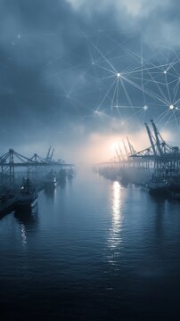This scene depicts a cutting-edge port with towering cranes, cargo ships, and digital network overlays. It highlights advanced technology, logistics efficiency, and future innovations ideal for tech