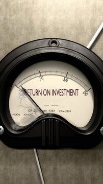 Return on investment meter showing low levels of return on investment. Minimum and decreasing return on investment value, below the norm. Lack of return on investment. None of it, insufficient.