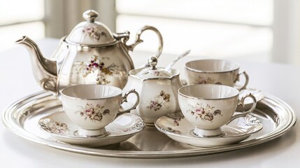 Fototapeta premium english. Exquisite English afternoon tea porcelain set arranged on a silver tray. menu design, packaging mockups, designed for culinary blogs and recipe cards for restaurants.
