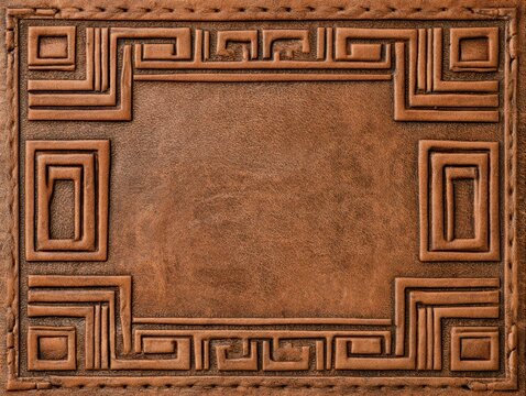 Rustic brown leather with ornate embossed frame design background texture