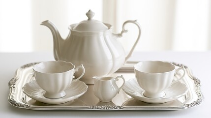 Fototapeta premium english. Exquisite English afternoon tea porcelain set arranged on a silver tray. menu design, packaging mockups, designed for culinary blogs and recipe cards for restaurants.