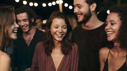 Fototapeta premium A group of friends laughing together at an outdoor evening gathering under string lights with warm ambient lighting