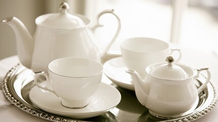 Fototapeta premium english. Exquisite English afternoon tea porcelain set arranged on a silver tray. menu design, packaging mockups, designed for culinary blogs and recipe cards for restaurants.