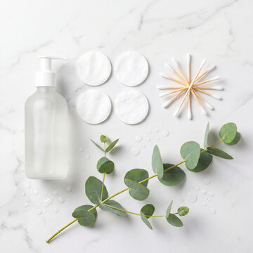 Skincare products on marble background. Natural beauty routine with cotton pads and lotion.