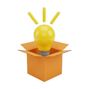 Yellow light bulb inside an open cardboard box representing a new bright idea isolated on transparent background