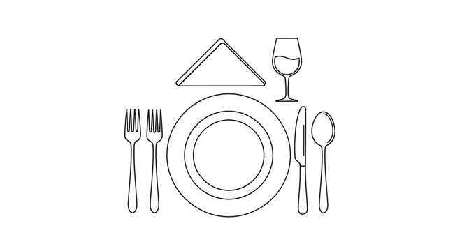 Minimalist line art icon of a formal restaurant table setting with plate and cutlery