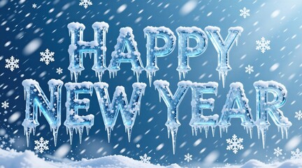Fototapeta premium Frozen ice letters spell Happy New Year with falling snowflakes on a blue winter backdrop. Snow covers the letters and ground, creating a festive, cold atmosphere.