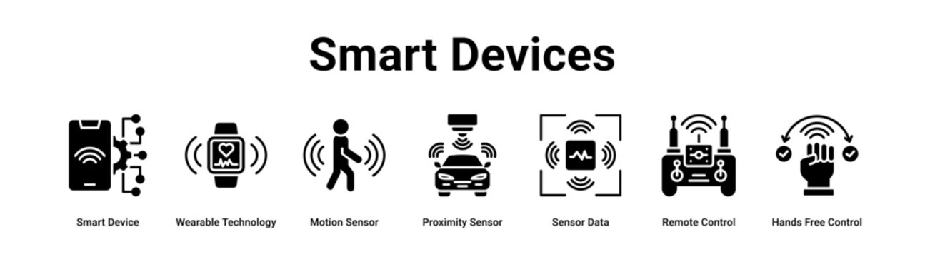 Smart Devices web banner icon vector illustration concept for technology  with icon of Smart Device, Wearable Technology, Motion Sensor, Proximity Sensor, Sensor Data, Remote Control, Hands Free.