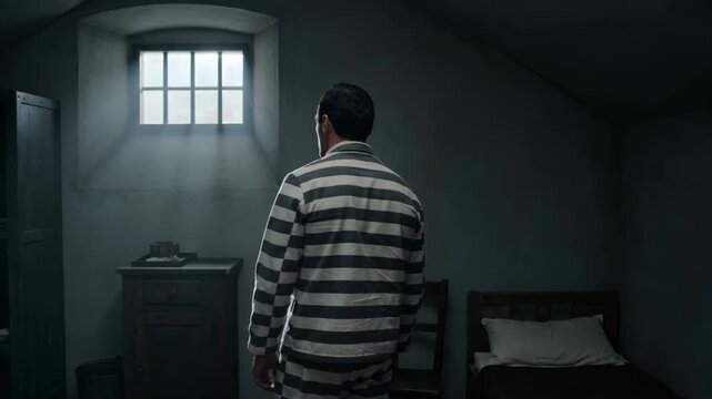 Man in striped prison uniform standing in dark cell. Convict looking around gloomy room with barred window. Inmate waiting in isolation for crime punishment.