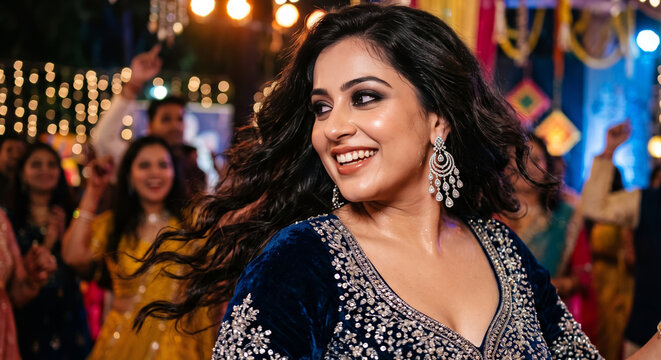 Gorgeous Indian woman in a dark blue embellished dress dancing cheerfully at an illuminated evening Sangeet or wedding celebration.