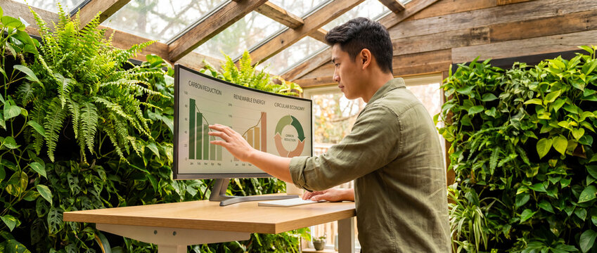 Man analyzing business data on computer. Professional working in a green office greenhouse.