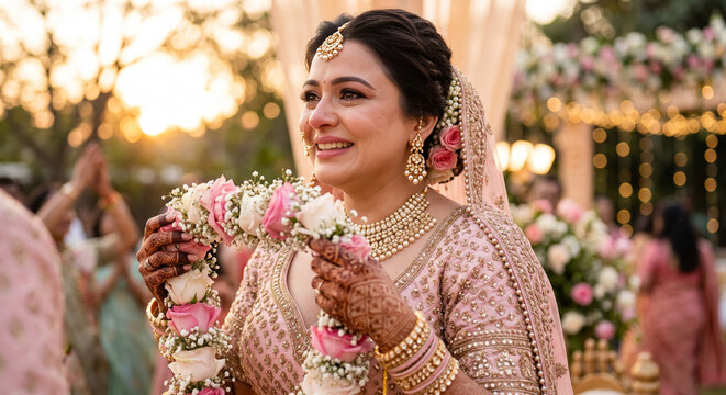 Radiant Indian bride in an embellished pink lehenga preparing to exchange floral garlands during the joyous Varmala wedding ritual.