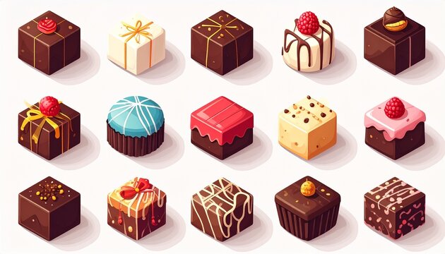Assortment of colorful chocolate truffle boxes with ribbons.