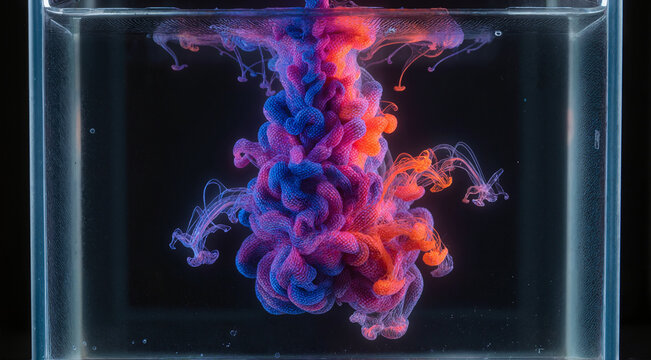 Blue and red ink swirling in water. Abstract liquid paint explosion on black background.