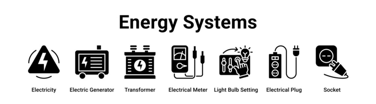 Energy Systems web banner icon vector illustration concept for technology with icon of Electricity, Electric Generator, Transformer, Electrical Meter, Light Bulb Setting, Electrical.