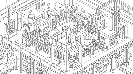 Fototapeta premium An isometric line art illustration shows a technician inspecting machinery in a factory.