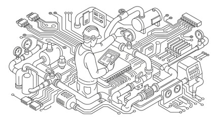 Obraz premium A line art illustration shows a technician inspecting complex industrial machinery with a.