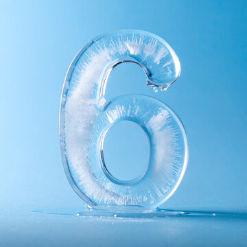 Large ice number 6 formed from frozen water, transparent icy texture with frost details, smooth blue background, cold atmosphere. Close-up.