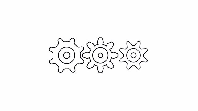 Black cogwheels spinning on white background animation motion graphics. Gears running 4k video to use for technology, business, mechanics, engineering video projects. 