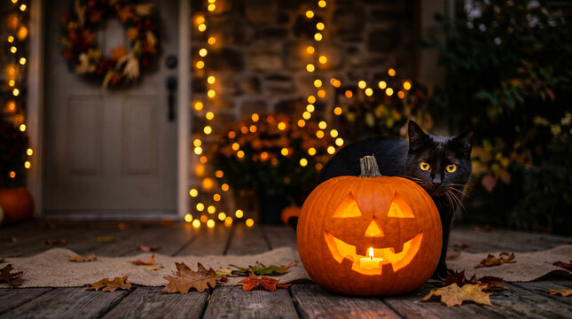 Halloween pumpkin with black cat. Jack-o-lantern glowing on porch with autumn leaves.
