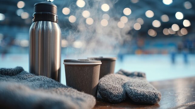 A serene winter setup showcasing hot beverages, a thermos, and snug mittens on an ice rink. Ideal for illustrating comfort, relaxation, and the delightful experience of enjoying winter activities