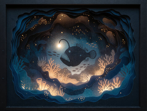 Anglerfish in deep ocean paper art. Layered 3D papercraft of a glowing marine predator.