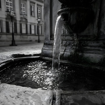 Water flowing from an old stone fountain into a basin in a historic city square, black and white photography