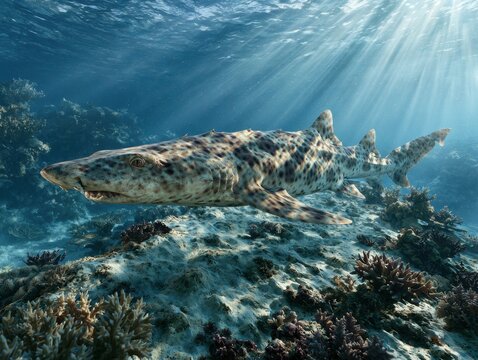 Spotted Leopard Shark (Triakis semifasciata) Swim Underwater Coral Reef Ecosystem