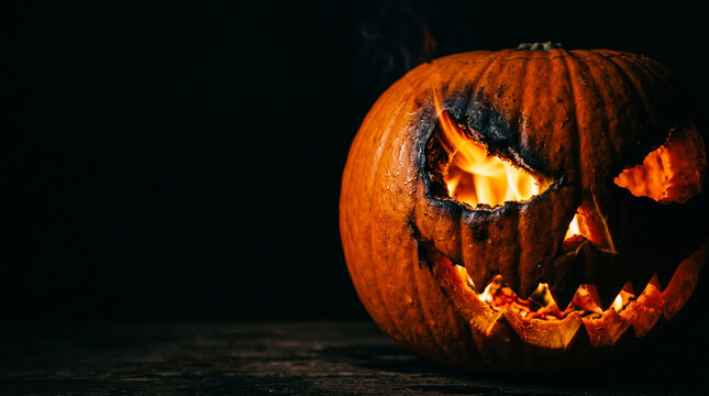 Glowing Halloween jack-o'-lantern on dark background. Scary carved pumpkin with fire inside.