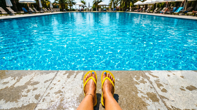 Person wearing flip flops by a swimming pool. Relaxing summer vacation at a luxury resort.