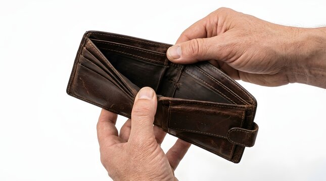 Empty leather wallet held by hands showing financial trouble or poverty
