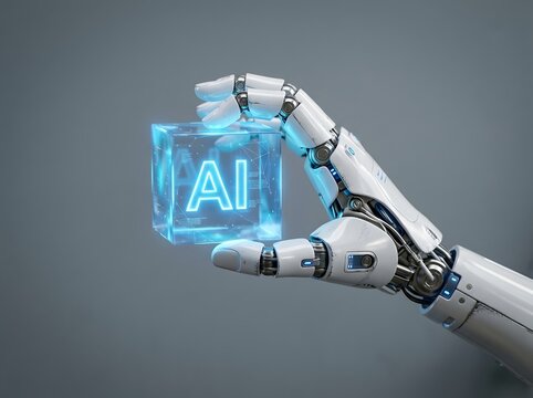 Futuristic robotic hand holding an AI artificial intelligence glowing cube concept
